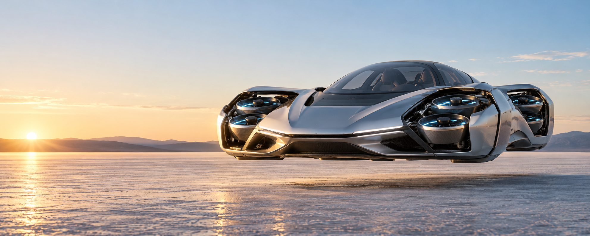 AURORA X1 flying-car concept in flight at sunrise